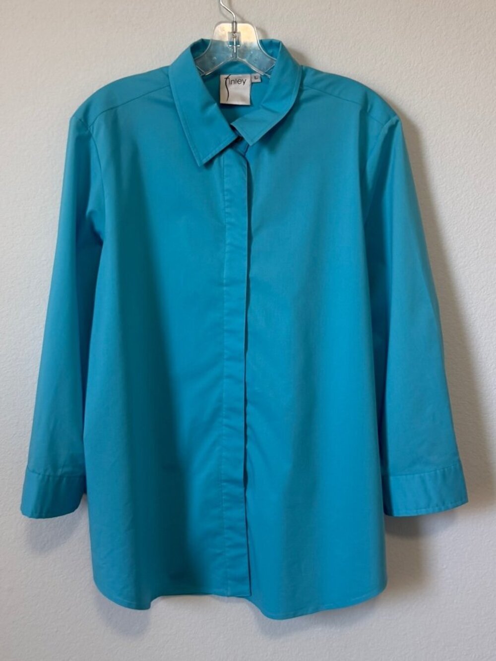 finley 3/4 Sleeve Button Up Collared Blue Cotton Blend Shirt Women's Size L